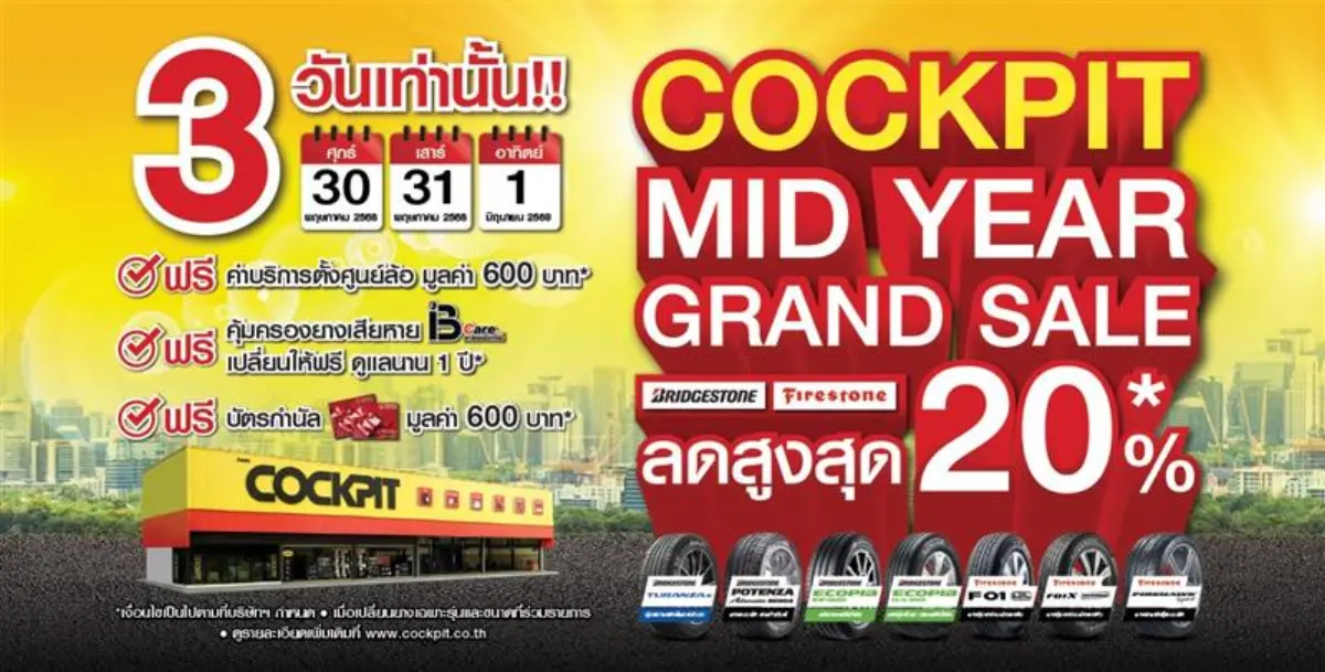 ค็อกพิท (COCKPIT) ศูนย์บริการรถยนต์ครบวงจรฟาสต์ฟิต (Fast Fit) ส่งโปรโมชันพิเศษ จัดเต็มความคุ้มค่ามอบให้กับลูกค้า พบกับส่วนลดยางรถยนต์ BRIDGESTONE และ FIRESTONE สูงสุดถึง 20% พร้อมฟรี...