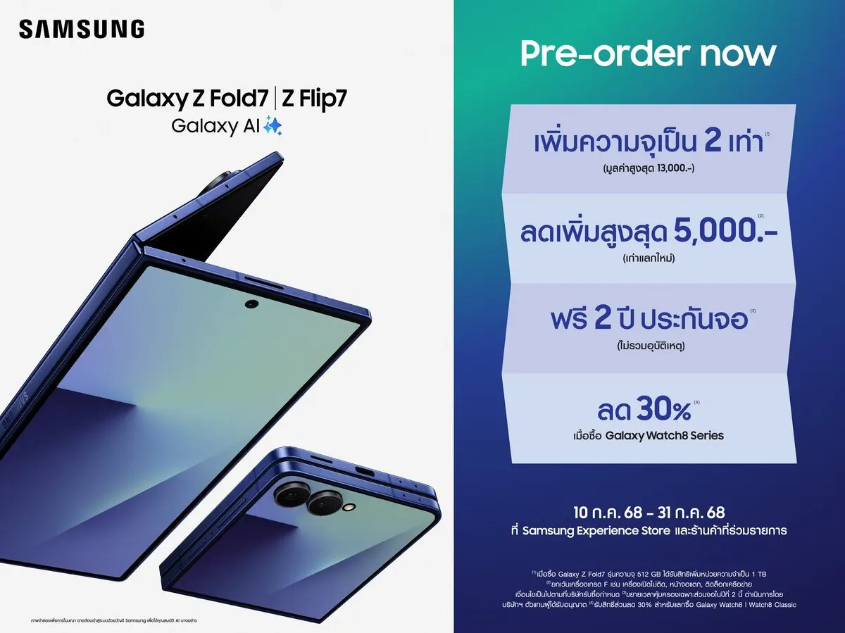 เปิดจองล่วงหน้าแล้ว! ซัมซุง ชวนสัมผัสประสบการณ์ Ultra Unfolds เหนือกว่าที่เคยพับ กับการเปิดตัว Galaxy Z Fold7 และ Galaxy Z Flip7 สมาร์ทโฟนจอพับรุ่นใหม่ที่ “บาง” และ “เบา” ที่สุดในตระกูล Galaxy...