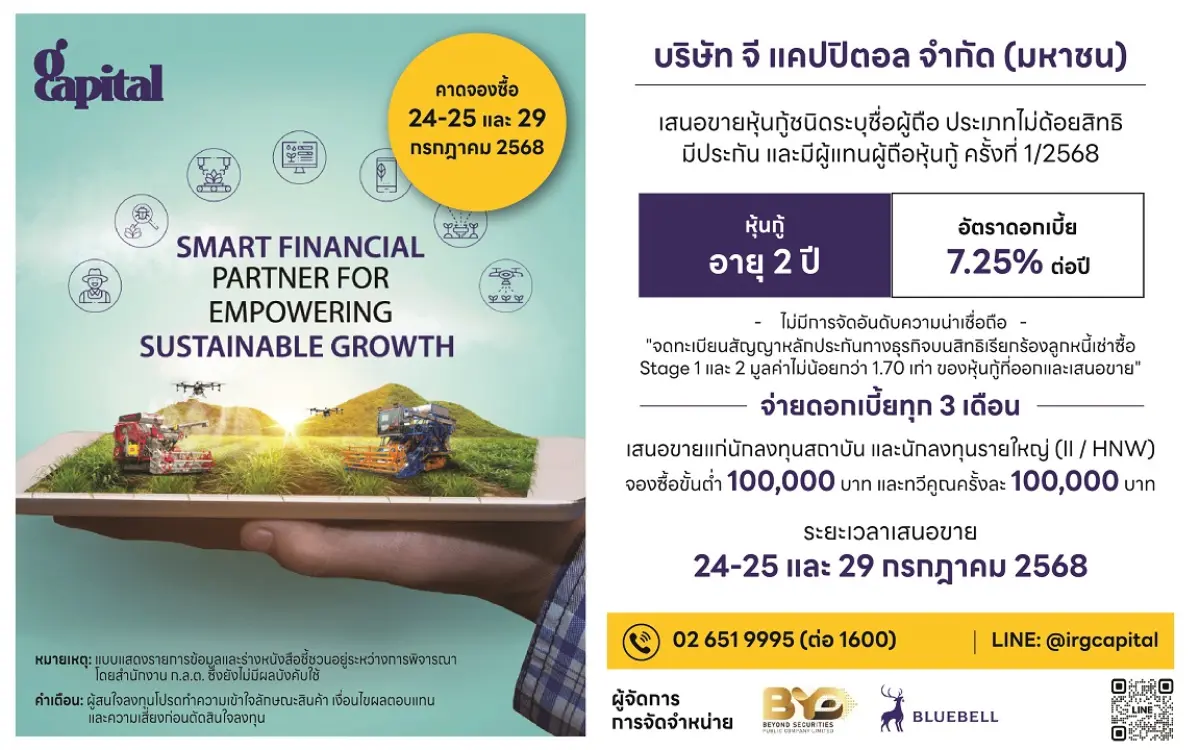 GCAP ยื่นไฟลิ่ง ก.ล.ต. เตรียมเปิดขายหุ้นกู้ระยะยาวครั้งที่ 1/2568 แบบมีหลักประกัน อายุ 2 ปี ครบกำหนดไถ่ถอนปี 2570 ดอกเบี้ยคงที่ 7.25% จ่ายดอกเบี้ยทุก 3 เดือน เสนอขายให้ผู้ลงทุนสถาบัน และ...