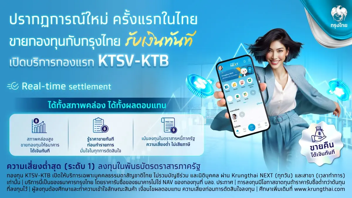 ธนาคารกรุงไทยเปิดตัวบริการ “ขายกองทุนได้เงินทันที” หรือ Real-Time Settlement ครั้งแรกในไทย ผู้ลงทุนสามารถรับเงินเข้าบัญชีได้แบบเรียลไทม์หลังขายกองทุน ทุกวัน ผ่านแอปฯ Krungthai NEXT สร้างทางเลือก...
