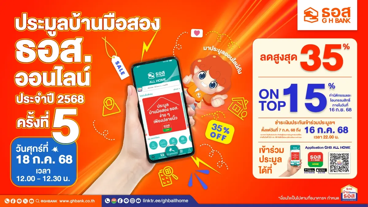 ธนาคารอาคารสงเคราะห์ (ธอส.) เพิ่มทางเลือกในการมีที่อยู่อาศัยให้กับคนไทยมากขึ้น จัดงาน “ประมูลบ้านมือสองออนไลน์ ประจำปี 2568 ครั้งที่ 5 ประจำเดือนกรกฎาคม” รวมทรัพย์เด่น ทำเลดีทั่วประเทศกว่า 1...