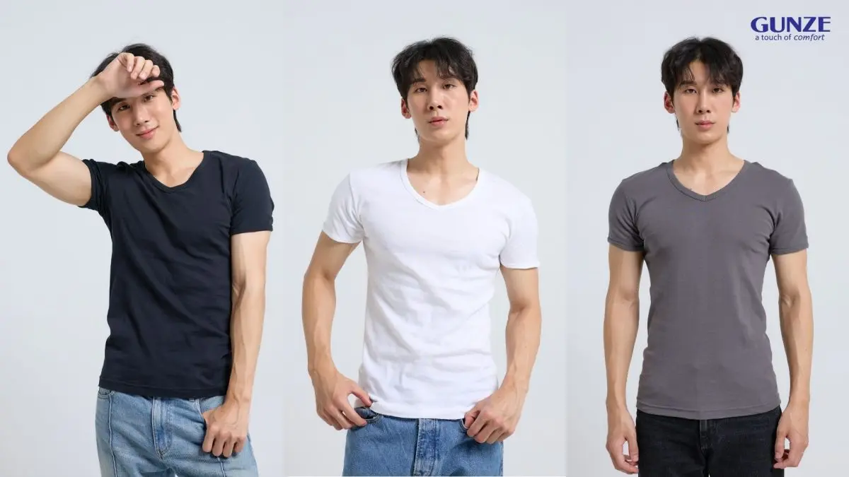 GUNZE (กุนเซ่) ผลิตภัณฑ์อินเนอร์แวร์จากประเทศญี่ปุ่น แนะนำเสื้อยืดผู้ชายแขนสั้น คอวี ทรง Body Side (ไม่มีตะเข็บ) รุ่น GS1631 เนื้อผ้านุ่มใส่สบายระบายเหงื่อได้ดี ผลิตจากผ้า Cotton 100% ดีไซน์ Body...