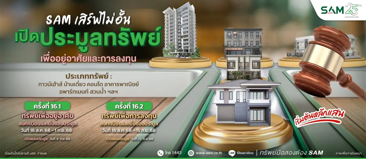 บริษัท บริหารสินทรัพย์สุขุมวิท จำกัด (บสส.) หรือ SAM ฉลองครบรอบ 25 ปี “SAM ส่งมอบโอกาสเพื่อคนไทย เริ่มต้นใหม่อย่างยั่งยืน” ชวนนักลงทุนที่ต้องการขยายธุรกิจและผู้สนใจที่ต้องการมีที่อยู่อาศัยเป็นของตัว...