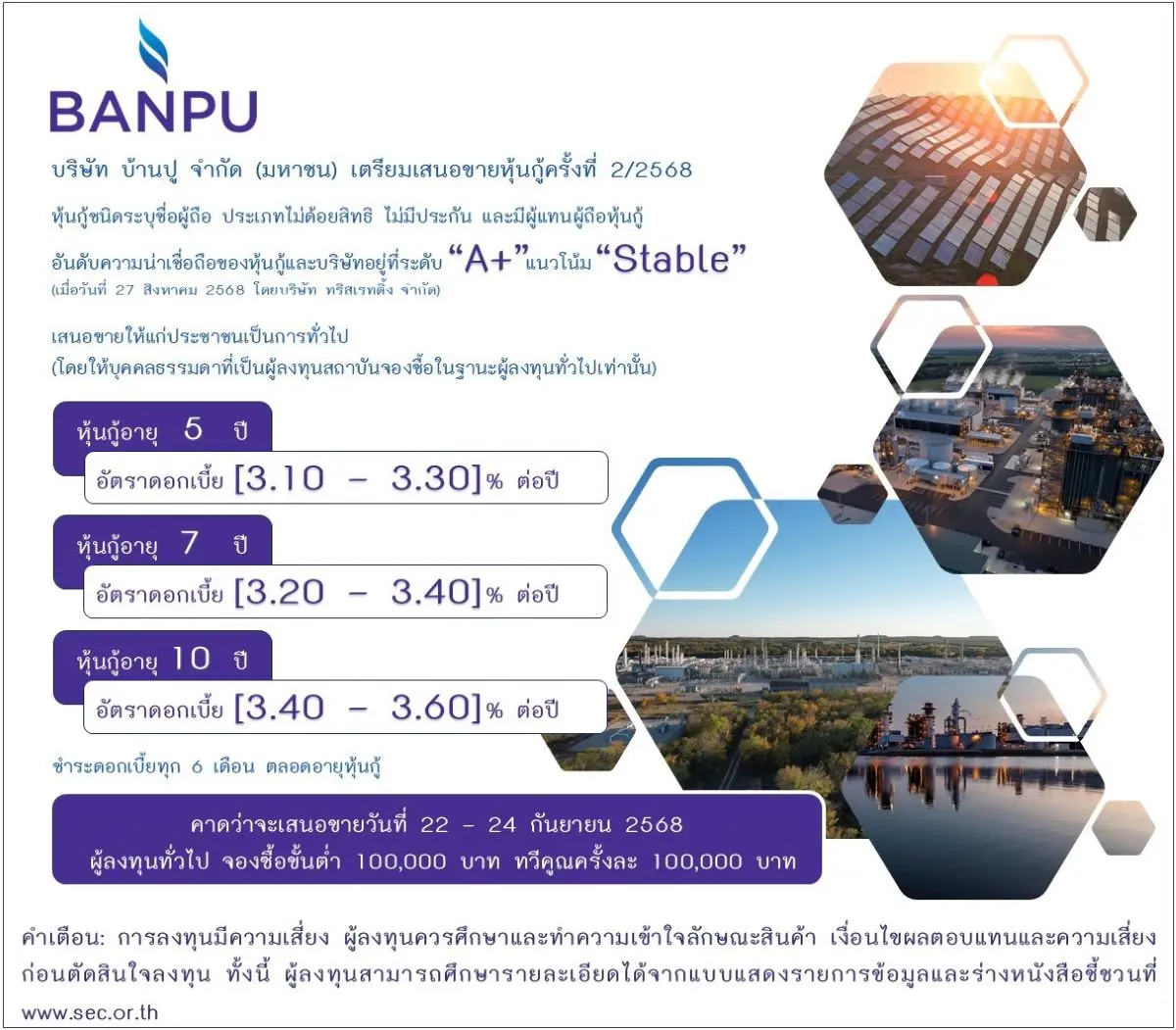 บริษัท บ้านปู จำกัด (มหาชน) ผู้นำด้านพลังงานที่หลากหลาย เตรียมออกและเสนอขายหุ้นกู้ให้แก่ประชาชนเป็นการทั่วไป (Public Offering) จำนวน 3 ชุด ผ่าน 7 สถาบันการเงินชั้นนำ โดยหุ้นกู้ได้รับการจัดอันดับ...