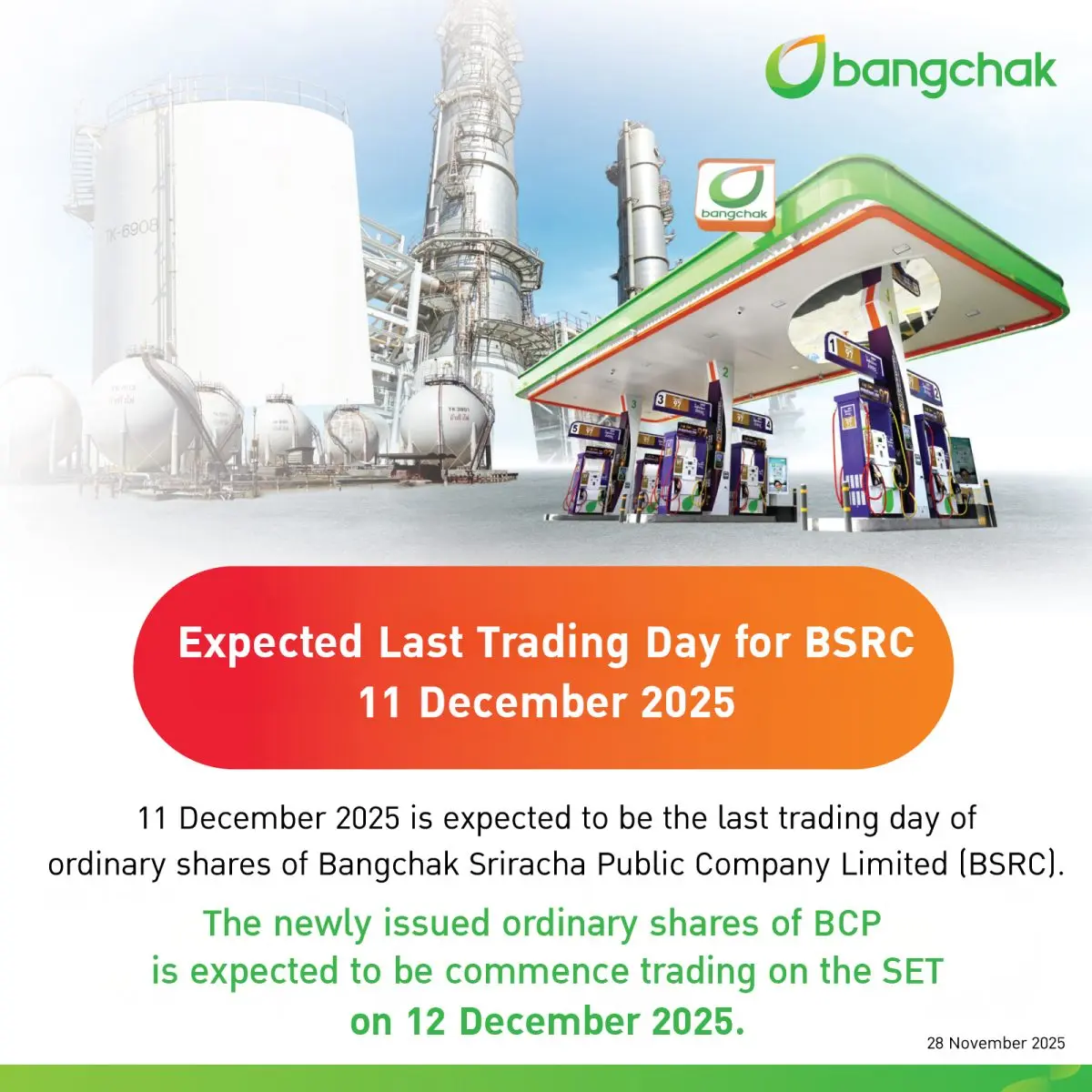 Bangchak Corporation Public Company Limited announced to its shareholders the completion of the tender offer process for all securities of Bangchak Sriracha Public Company Limited (BSRC) from...