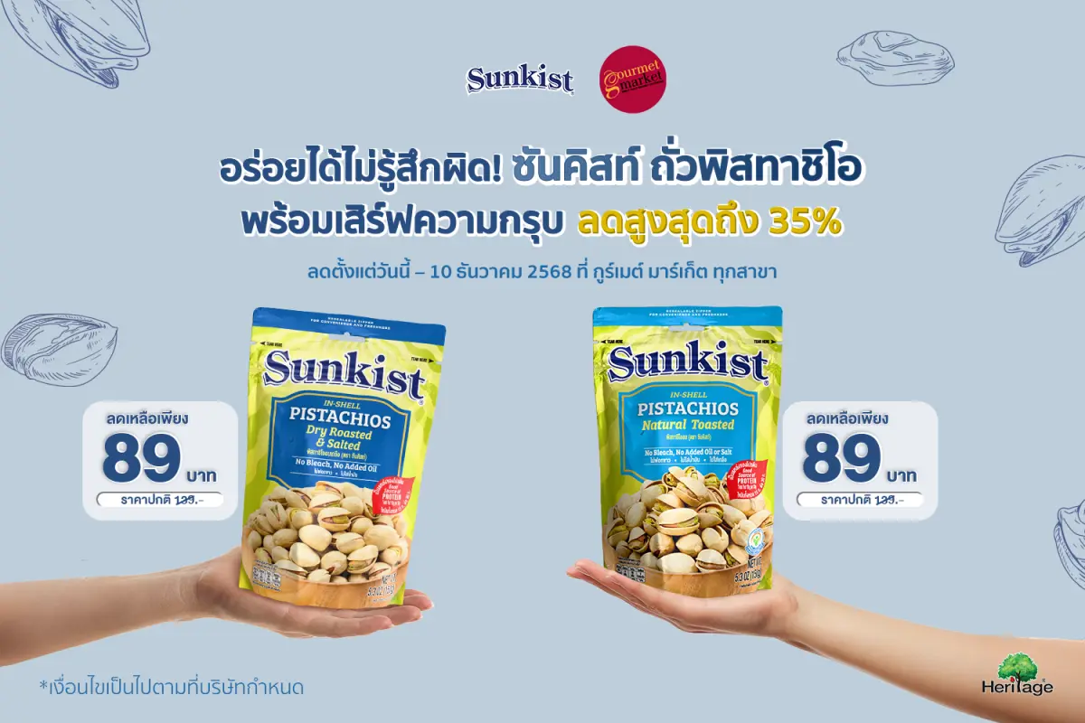 อร่อยได้ไม่รู้สึกผิด! ซันคิสท์ ผลิตภัณฑ์ถั่วพิสทาชิโอ ถั่วพรีเมียมคุณภาพหลากหลายชนิด และเครื่องดื่มน้ำนมพิสทาชิโอ พร้อมเสิร์ฟความกรุบ ลดราคาสูงสุดถึง 35% โดยสินค้าที่นำมาลดราคา ได้แก่...