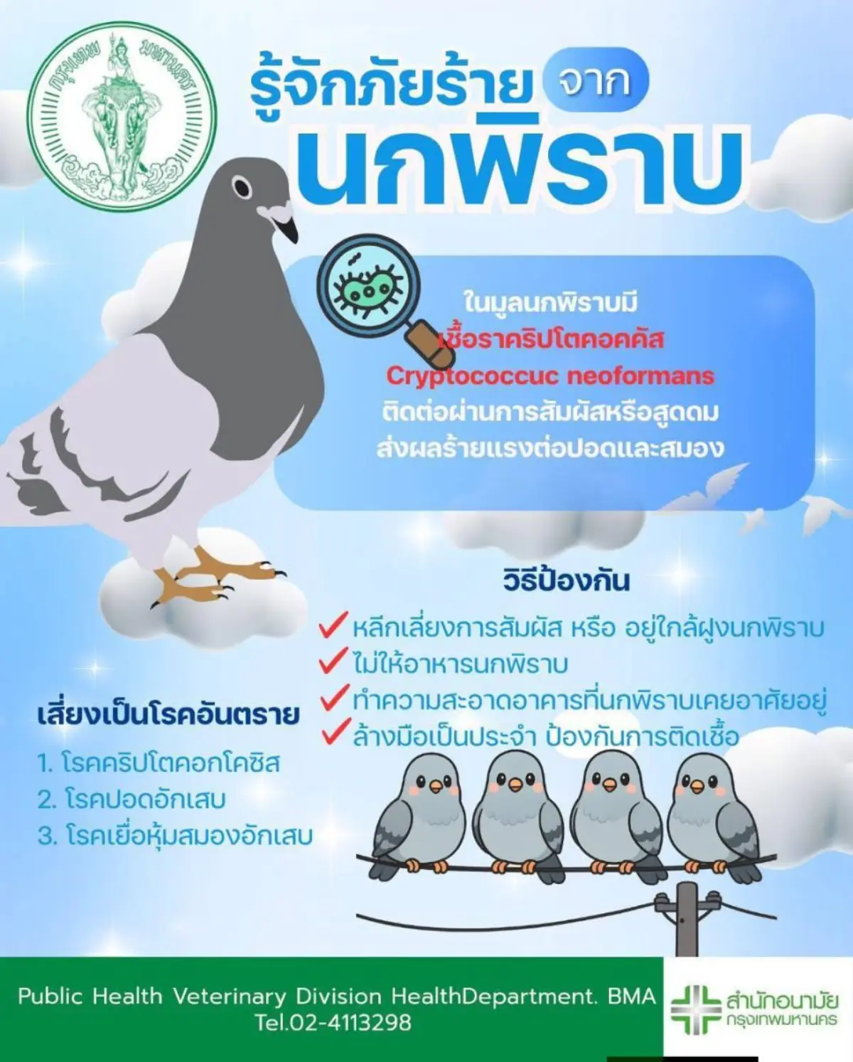 นางดวงพร ปิณจีเสคิกุล ผู้อำนวยการสำนักอนามัย (สนอ.) กทม. กล่าวถึงแนวทางการส่งเสริมความรู้และให้คำแนะนำแก่ประชาชนเกี่ยวกับอันตรายของเชื้อโรคและภัยสุขภาพจากนกพิราบและนกชนิดต่าง ๆ เพื่อป้องกันเชื้อ...