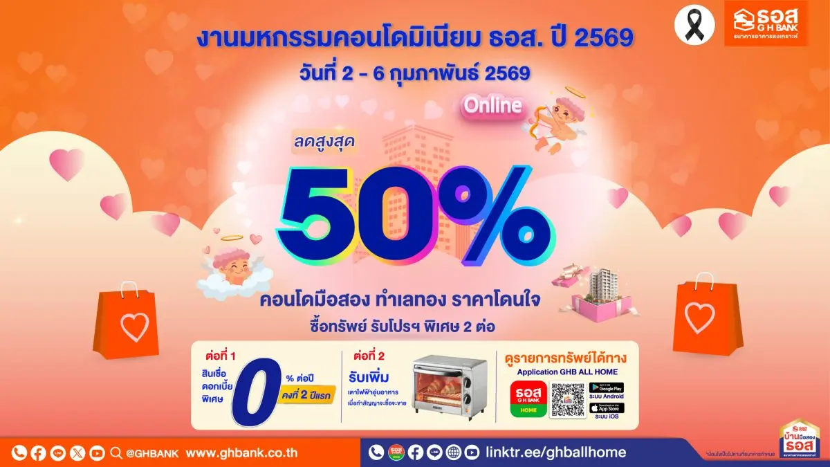 ธนาคารอาคารสงเคราะห์ (ธอส.) รุกตลาดอสังหาริมทรัพย์มือสองรับต้นปี จัดมหกรรมคอนโดมิเนียม ธอส. ปี 2569 (Online) นำทรัพย์เด่น ทำเลทองกว่า 600 รายการ ลดราคาสูงสุด 50% จากราคาปกติ พร้อมโปรโมชันพิเศษ 2...