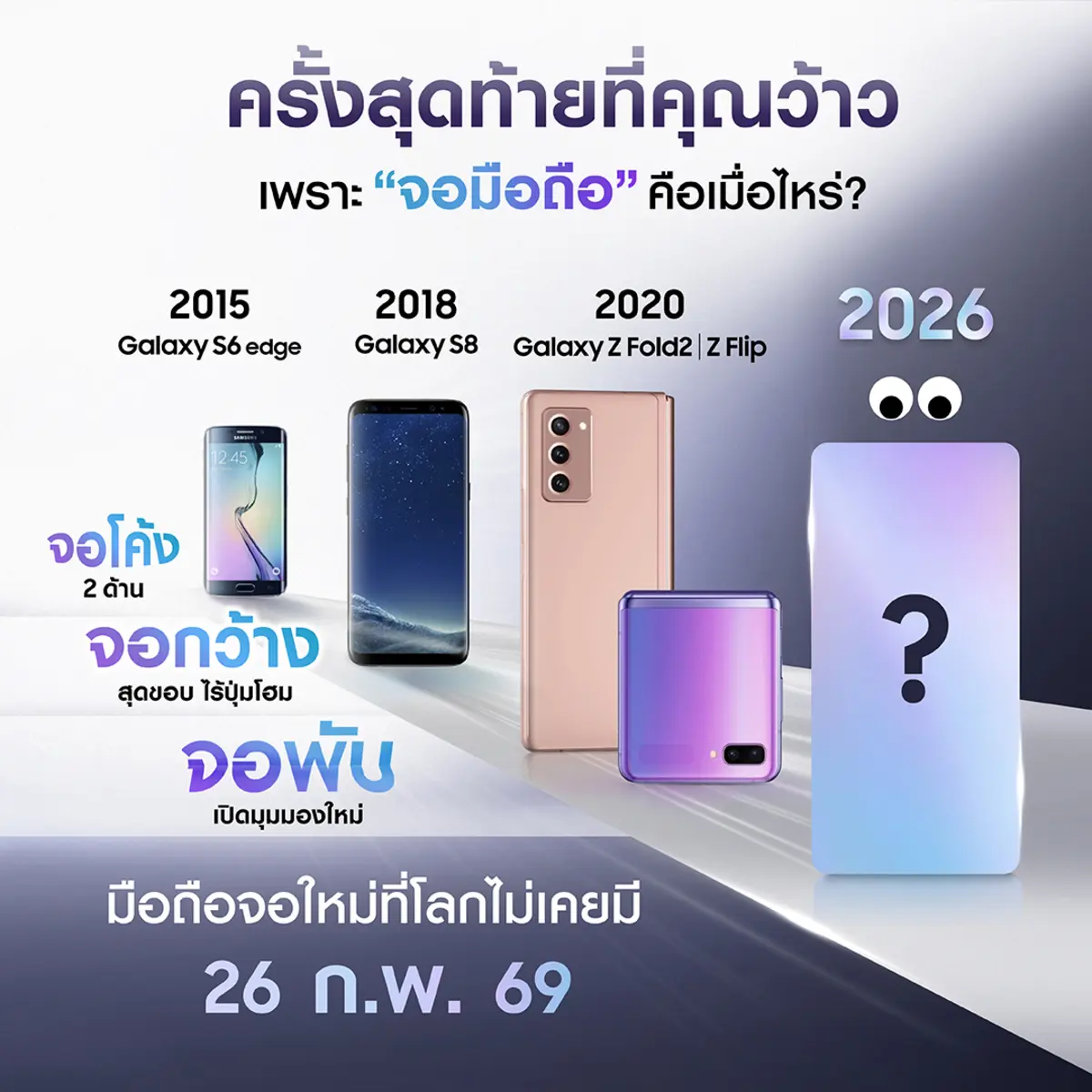 ซัมซุง ชวนแฟน ๆ ร่วมย้อนนึกถึงช่วงเวลาแห่งความตื่นเต้นที่ “จอมือถือ” ได้พลิกโฉมวงการมือถือมาแล้วนับครั้งไม่ถ้วน พร้อมส่งสัญญาณการกลับมาอย่างยิ่งใหญ่ในปี 2026 กับ “มือถือจอใหม่ที่โลกไม่...