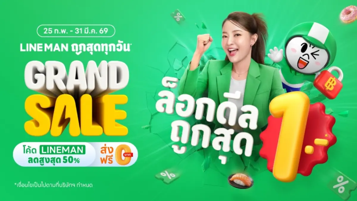 LINE MAN ต่อยอดความคุ้มครั้งใหญ่ผ่านแคมเปญ “LINE MAN ถูกสุดทุกวัน GRAND SALE” ปรากฏการณ์ความคุ้มทั่วเมือง ‘ล็อกดีล ถูกสุด 1 บาท’ ที่สามารถซื้อเก็บไว้...