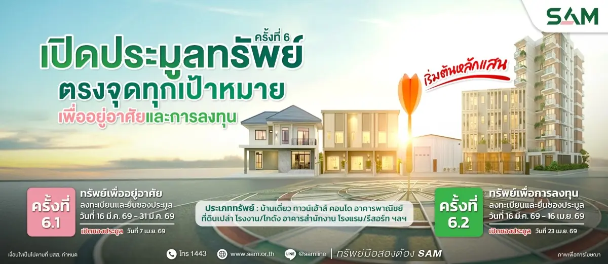 บริษัท บริหารสินทรัพย์สุขุมวิท จำกัด (บสส.) หรือ SAM เดินหน้าภารกิจ “ส่งมอบโอกาสเพื่อคนไทย เริ่มต้นใหม่อย่างยั่งยืน” คัดทรัพย์สินรอการขาย (NPA) ทำเลศักยภาพทั่วไทย ทั้งเพื่อการอยู่อาศัย...