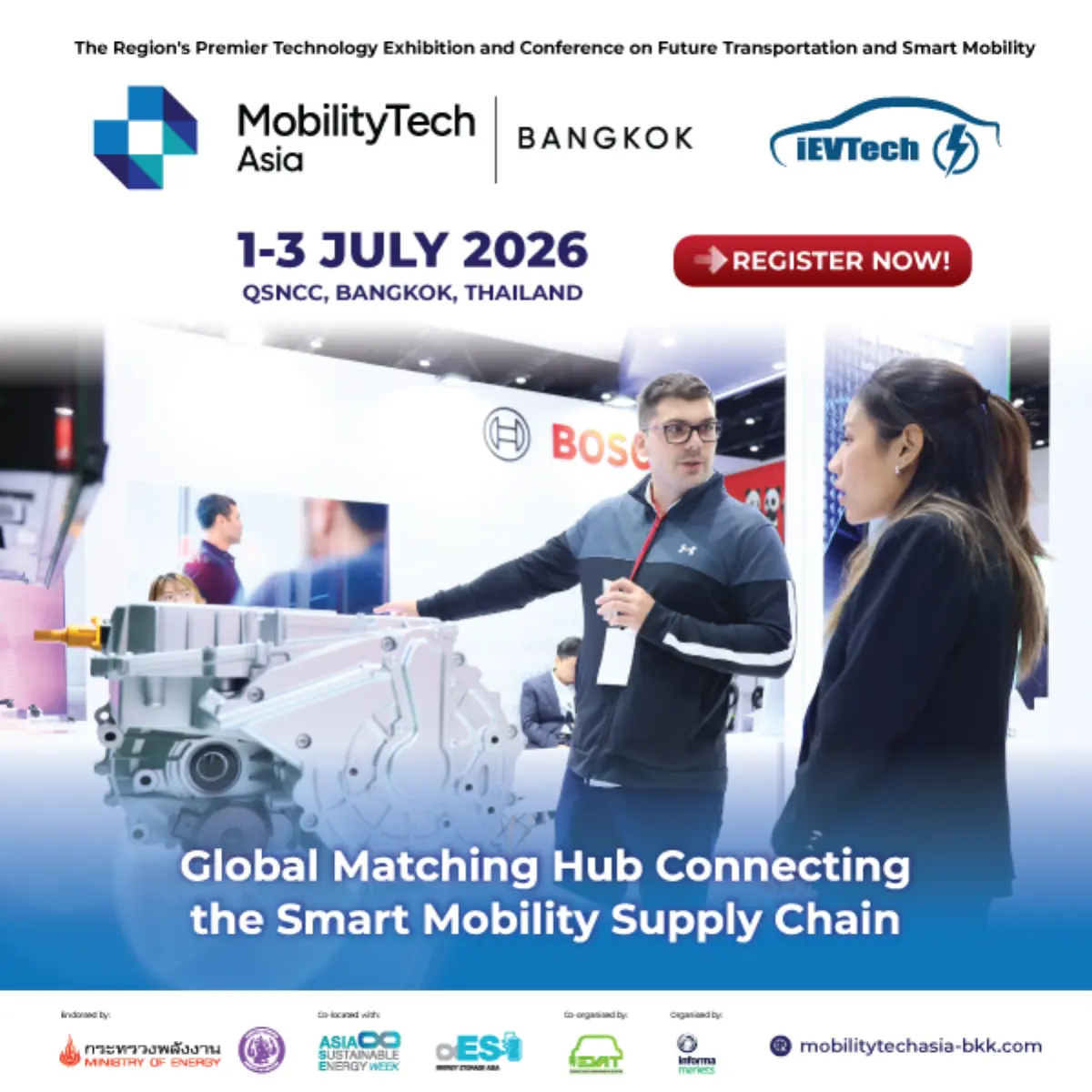 งาน MobilityTech Asia – Bangkok 2026 (MTAB) เปิดลงทะเบียนแล้ว! เวทีเทคโนโลยียานยนต์และการขนส่งแห่งอนาคตของเอเชีย ที่รวบรวมโซลูชันด้านการขนส่งอัจฉริยะ เทคโนโลยีการผลิตขั้นสูง และนวัตกรรมซัพพลายเชน...