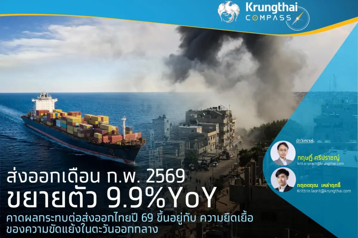 Key Highlights : มูลค่าส่งออกเดือน ก.พ. 69 อยู่ที่ 29,439.7 ล้านดอลลาร์ฯ ขยายตัว 9.9%YoY ชะลอตัวลงจากเดือนก่อนที่ 24.4%YoY และต่ำกว่าคาดการณ์นักวิเคราะห์ที่ 15.8%1 โดยแรงขับ...