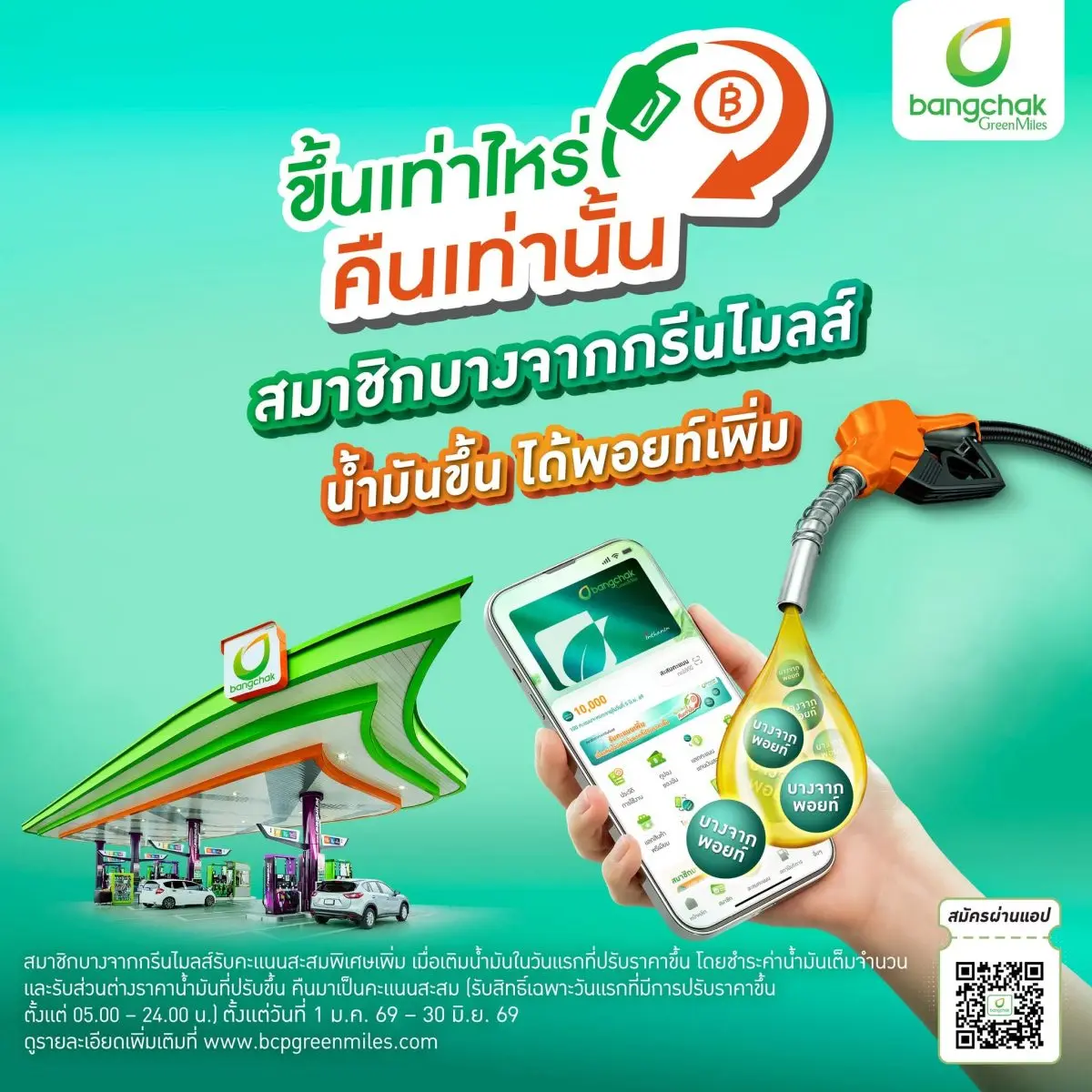 บางจากฯ ชวนสมาชิกกรีนไมลส์รับสิทธิ์ คืนพอยท์ตามส่วนต่างราคาน้ำมัน แบรนด์เดียวที่ “ขึ้นเท่าไหร่ คืนเท่านั้น” อีกหนึ่งมาตรการบรรเทาภาระผู้บริโภค