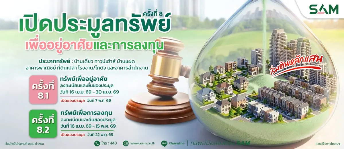 บริษัท บริหารสินทรัพย์สุขุมวิท จำกัด (บสส.) หรือ SAM เดินหน้าพันธกิจ “ส่งมอบโอกาสเพื่อคนไทย เริ่มต้นใหม่อย่างยั่งยืน” เปิดประมูลทรัพย์สินรอการขาย (NPA) ทำเลศักยภาพทั่วประเทศ รองรับทั้งการอยู่อาศัย...