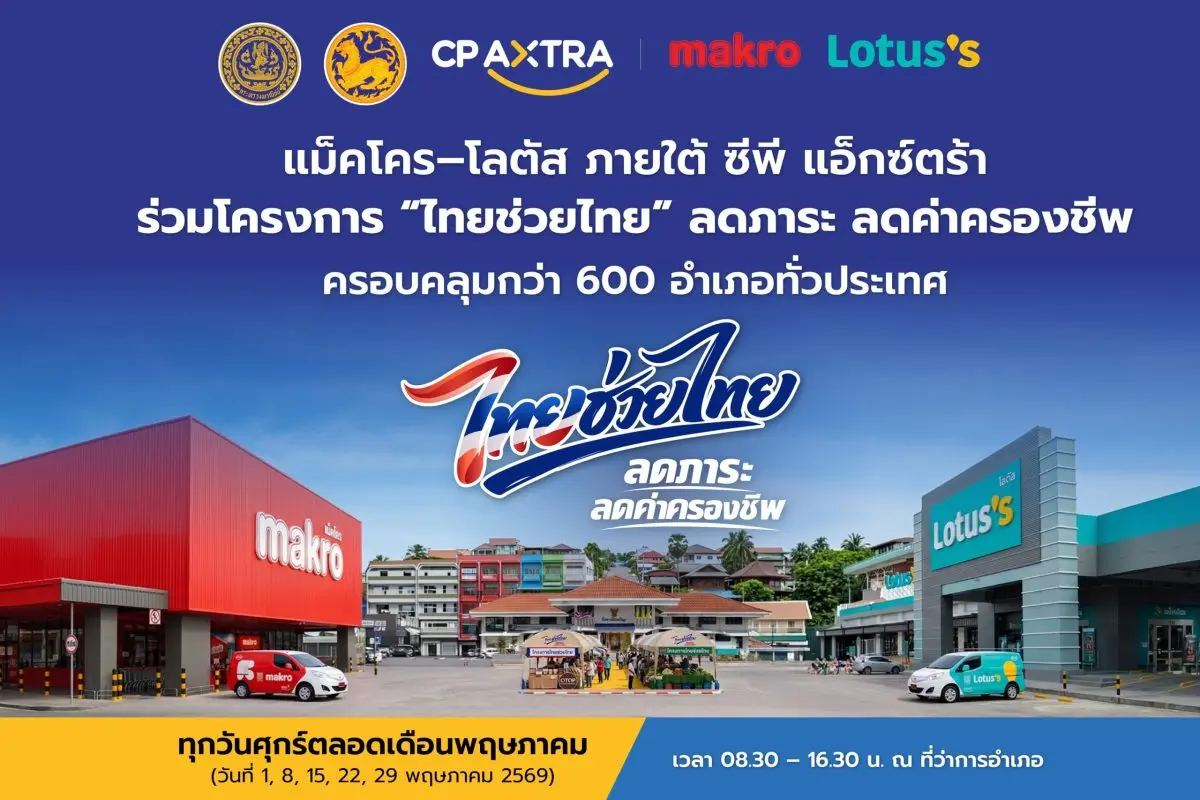 บริษัท ซีพี แอ็กซ์ตร้า จำกัด (มหาชน) หรือ CP AXTRA ผู้ดำเนินธุรกิจค้าส่งค้าปลีก “แม็คโคร–โลตัส” ผนึกกำลังกระทรวงพาณิชย์และกระทรวงมหาดไทย ร่วมโครงการ “ไทยช่วยไทย” ปี 2569 ลดภาระ...
