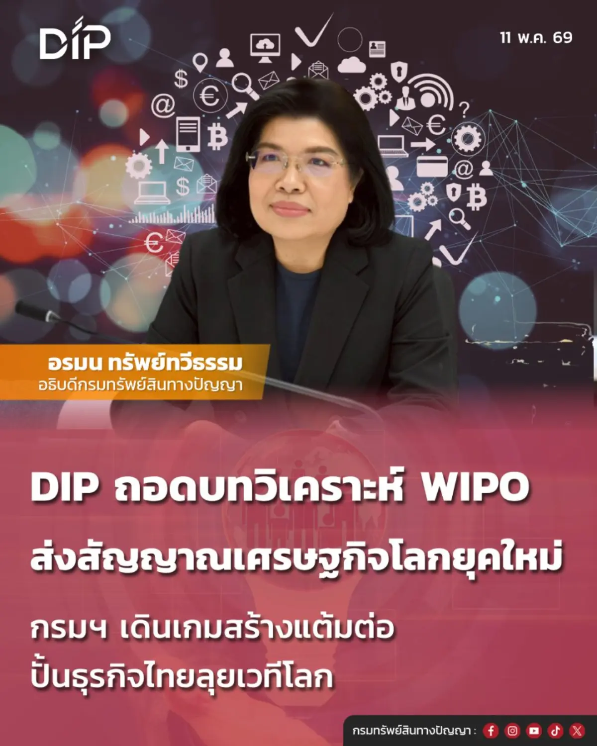 กรมทรัพย์สินทางปัญญาถอดบทวิเคราะห์จากรายงาน “WIPO Pathfinders Report” ขององค์การทรัพย์สินทางปัญญาโลก (World Intellectual Property Organization: WIPO) ซึ่งสะท้อนฉากทัศน์ระบบทรัพย์สินทางปัญญา (IP...