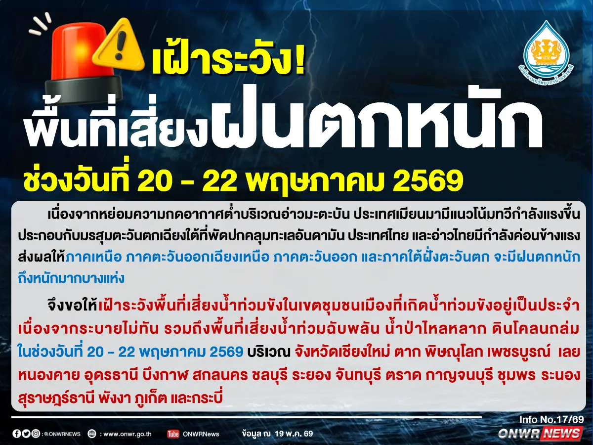 เนื่องจากหย่อมความกดอากาศต่ำบริเวณอ่าวมะตะบัน ประเทศเมียนมา มีแนวโน้มทวีกำลังแรงขึ้น ประกอบกับมรสุมตะวันตกเฉียงใต้ที่พัดปกคลุมทะเลอันดามัน ประเทศไทย และอ่าวไทยมีกำลังค่อนข้างแรงส่งผลให้ภาค...