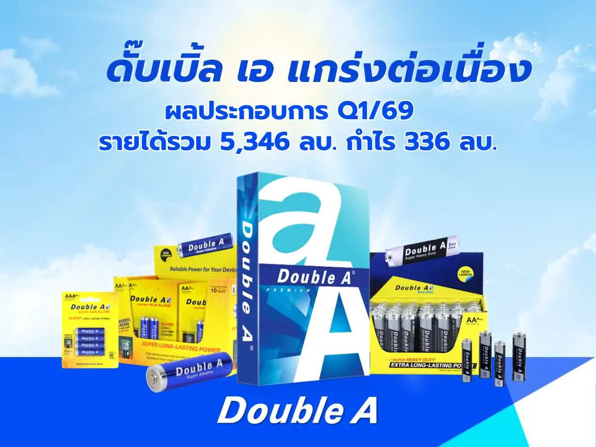 ดั๊บเบิ้ล เอ ยังแกร่งต่อเนื่อง ผลประกอบการ Q1 ปี 69 รายได้รวม 5,346 ลบ. กำไร 336 ลบ. ท่ามกลางวิกฤตเศรษฐกิจโลก
