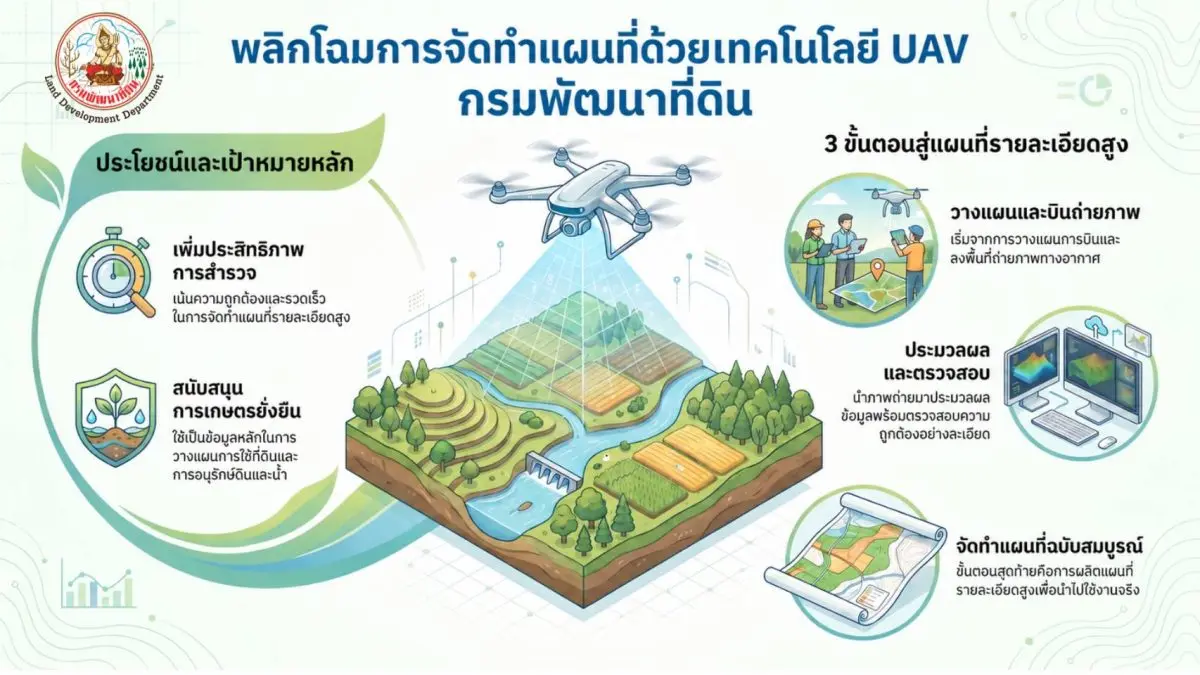 กรมพัฒนาที่ดิน โดยสำนักเทคโนโลยีการสำรวจและทำแผนที่ นำเทคโนโลยีอากาศยานไร้คนขับ หรือ UAV (Unmanned Aerial Vehicle) เข้ามาประยุกต์ใช้ในการจัดทำแผนที่ เพื่อยกระดับการสำรวจและวิเคราะห์ข้อมูลเชิงพื้นที่...