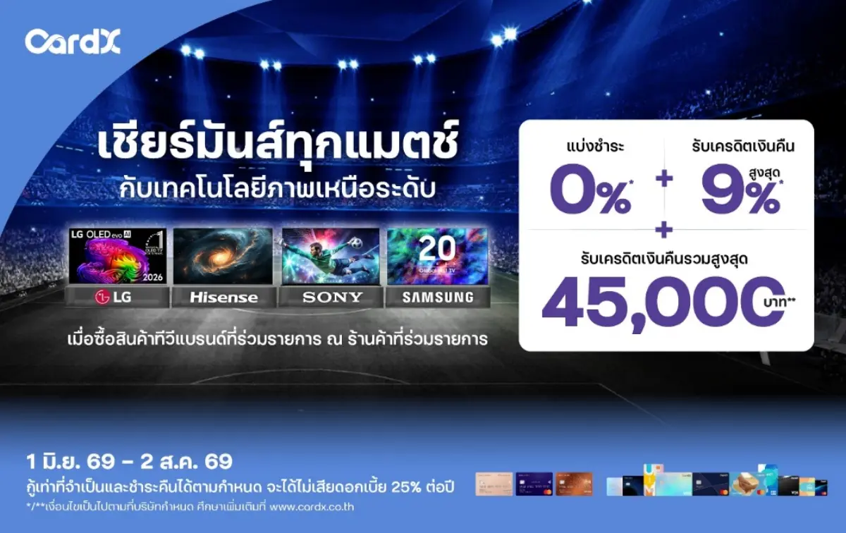CardX ผู้ให้บริการบัตรเครดิตและสินเชื่อบุคคลภายใต้กลุ่มเอสซีบีเอกซ์ เดินหน้ารับกระแสการบริโภคช่วงการแข่งขันฟุตบอลโลกที่กำลังสร้างสีสันและกระตุ้นการใช้จ่ายของผู้บริโภค ส่งแคมเปญพิเศษเอาใจคอบอลและสาย...