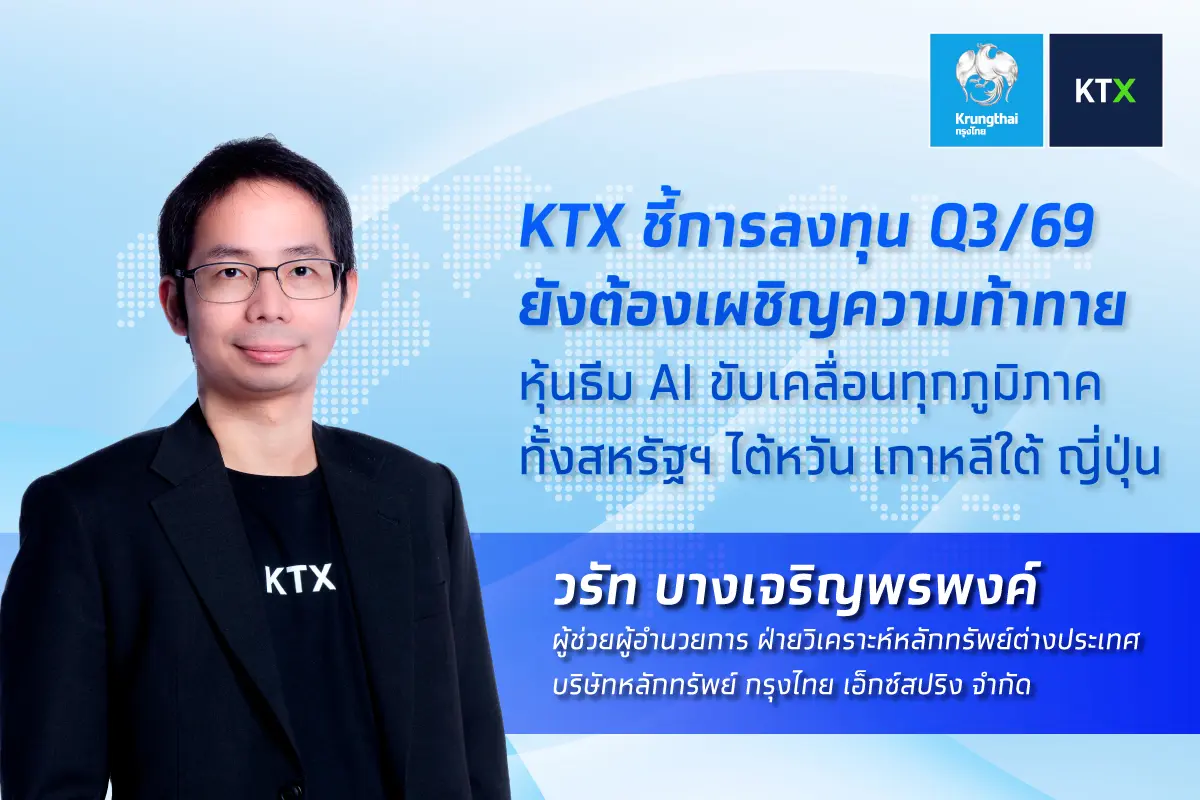 นายวรัท บางเจริญพรพงค์ ผู้ช่วยผู้อำนวยการ ฝ่ายวิเคราะห์หลักทรัพย์ต่างประเทศ บริษัทหลักทรัพย์ กรุงไทย เอ็กซ์สปริง จำกัด (KTX) เปิดเผยว่า แนวโน้มภาพรวมการลงทุนต่างประเทศในไตรมาส 3...