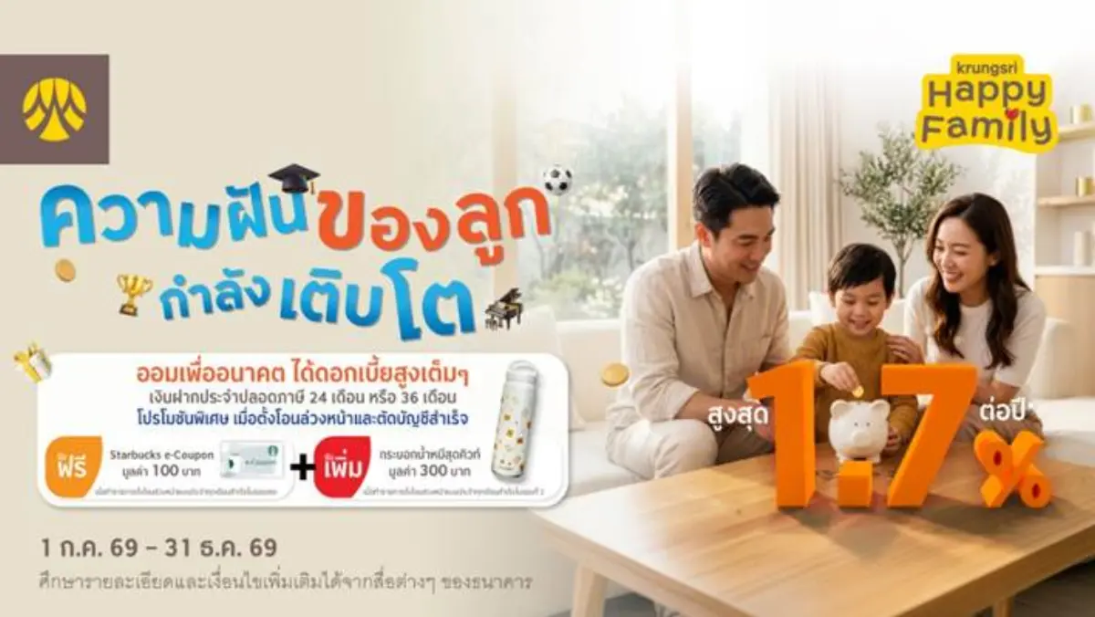 กรุงศรี (ธนาคารกรุงศรีอยุธยา จำกัด (มหาชน)) เชิญชวนลูกค้าเริ่มต้นออมเงินเพื่ออนาคตลูกกับบัญชีเงินฝากประจำปลอดภาษี 24 หรือ 36 เดือน สำหรับบุคคลธรรมดาที่มีอายุ 7-15 ปี เริ่มฝากเพียง 500 บาทต่อ...