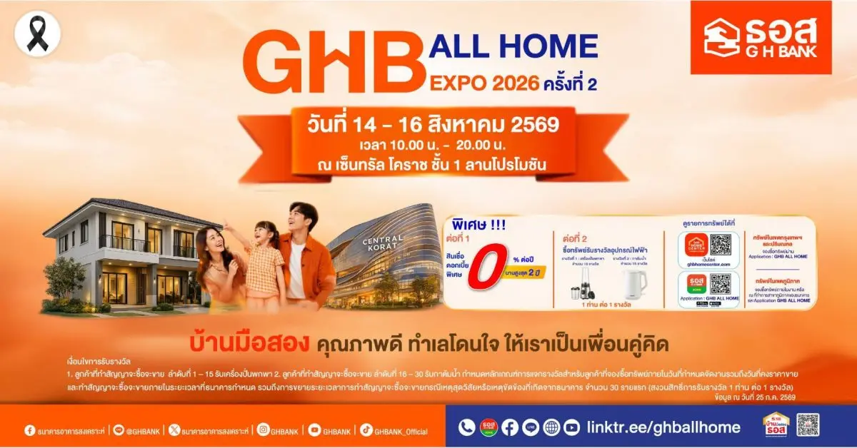 พร้อมโปรโมชันสินเชื่อดอกเบี้ย 0% นานสูงสุด 2 ปี กับงานมหกรรม GHB ALL HOME EXPO 2026 ธนาคารอาคารสงเคราะห์ (ธอส.) เดินหน้าขับเคลื่อนเศรษฐกิจไทยช่วงครึ่งปีหลังผ่านภาคอสังหาริมทรัพย์ จัดงานมหกรรม GHB...