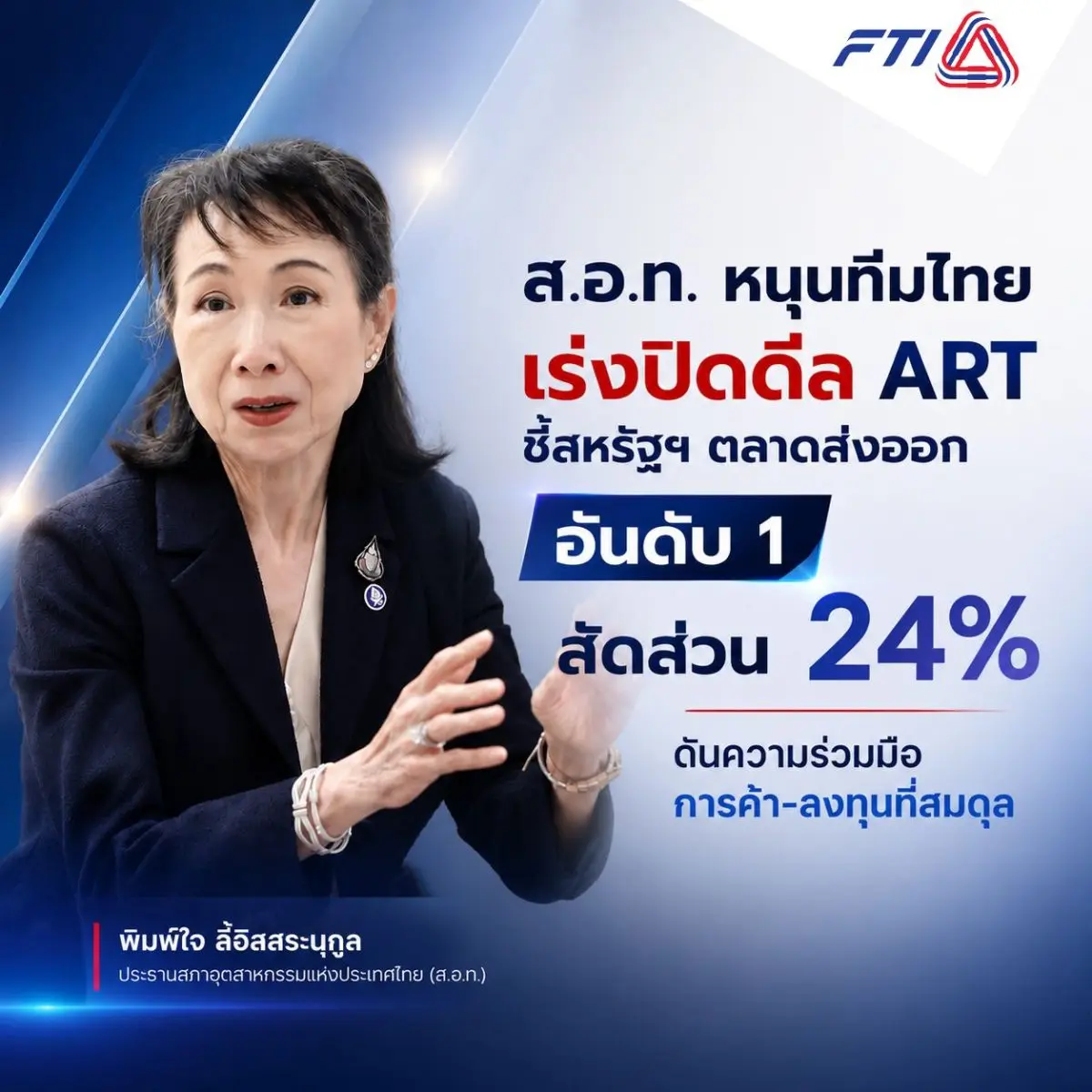นางพิมพ์ใจ ลี้อิสสระนุกูล ประธานสภาอุตสาหกรรมแห่งประเทศไทย (ส.อ.ท.) กล่าวว่า ส.อ.ท. สนับสนุนความพยายามของรัฐบาลในการเร่งรัดการเจรจาความตกลงการค้าต่างตอบแทนระหว่างไทยกับสหรัฐฯ หรือ Agreement...