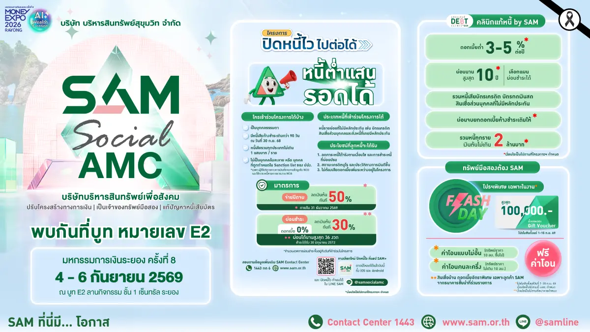 บริษัท บริหารสินทรัพย์สุขุมวิท จำกัด (บสส.) หรือ SAM ตอกย้ำบทบาท SAM Social AMC หรือ “บริษัทบริหารสินทรัพย์เพื่อสังคม” เข้าร่วมงานมหกรรมการเงินระยอง ครั้งที่ 8 (Money Expo 2026 Rayong)...