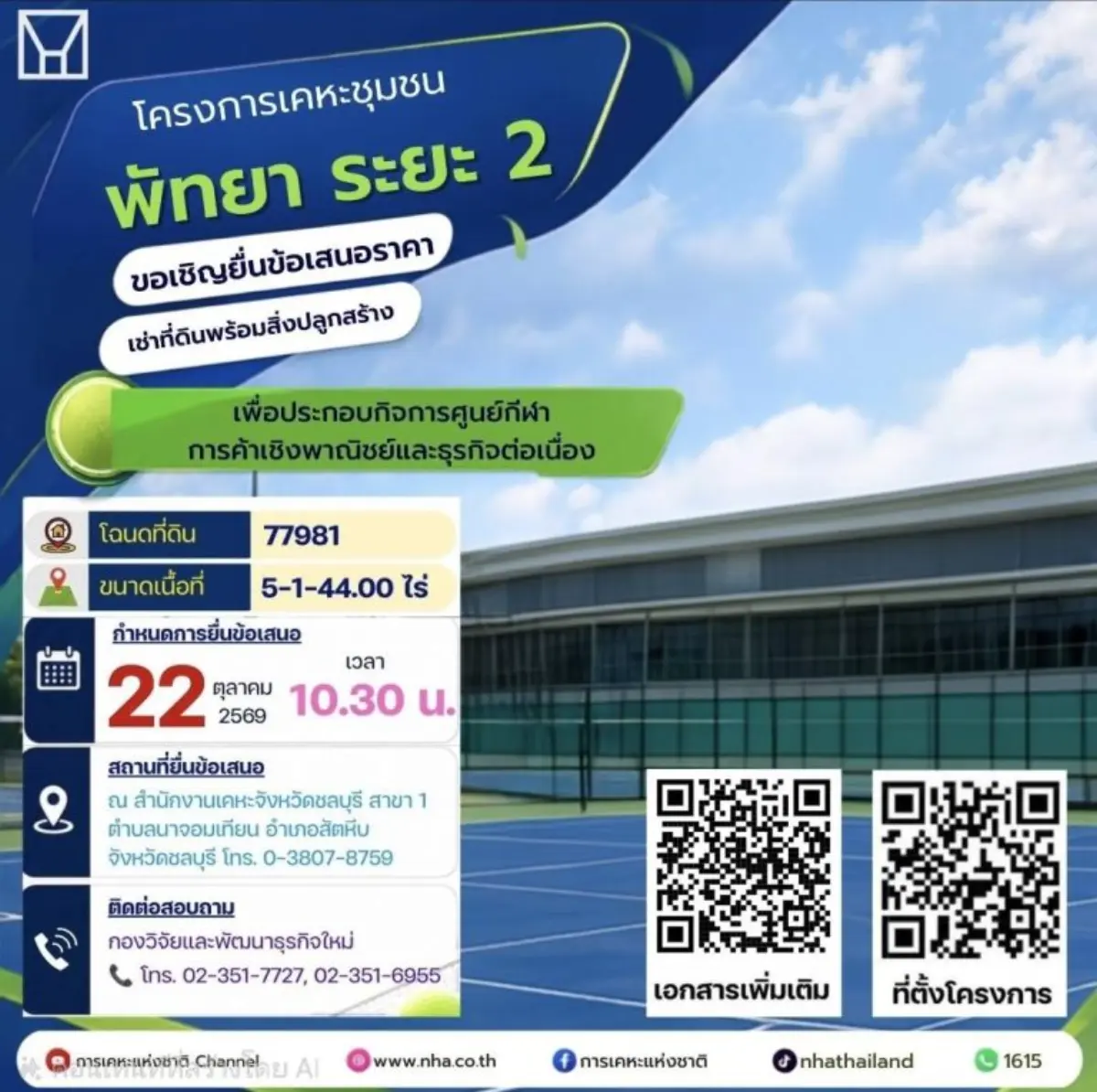 การเคหะแห่งชาติเปิดโอกาสนักลงทุนยื่นข้อเสนอสิทธิเช่าพื้นที่สปอร์ตคลับ สระว่ายน้ำ สนามเทนนิส และที่จอดรถ ในโครงการเคหะชุมชนพัทยา ระยะ 2 เนื้อที่กว่า 5 ไร่ ระยะเวลาเช่า 15 ปี มุ่ง...