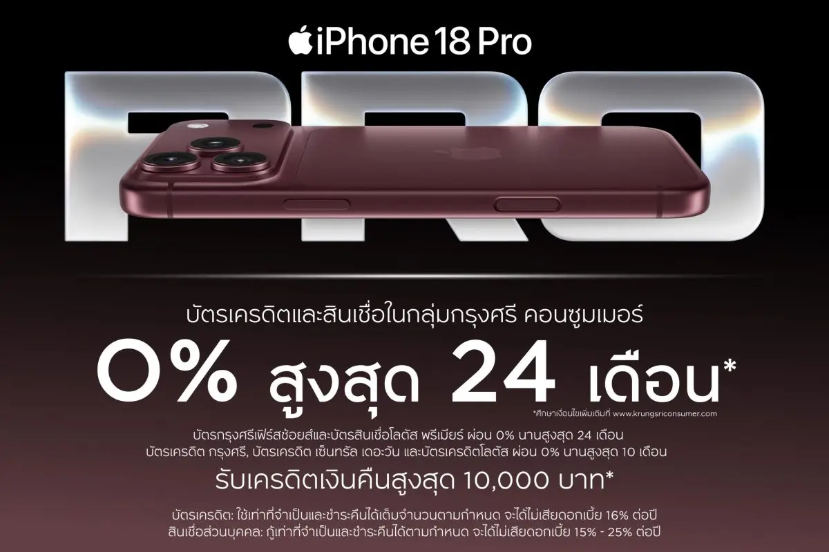 บัตรเครดิตและบัตรสินเชื่อในกลุ่มกรุงศรี คอนซูมเมอร์ จัดดีลแรงฉลองเปิดตัว iPhone 18 ตั้งแต่ 12 กันยายน 2569 – 28 กุมภาพันธ์ 2570 มอบสิทธิพิเศษผ่อน 0% นานสูงสุด 24 เดือน สำหรับบัตรกรุงศรีเฟิร์สช้อยส์...