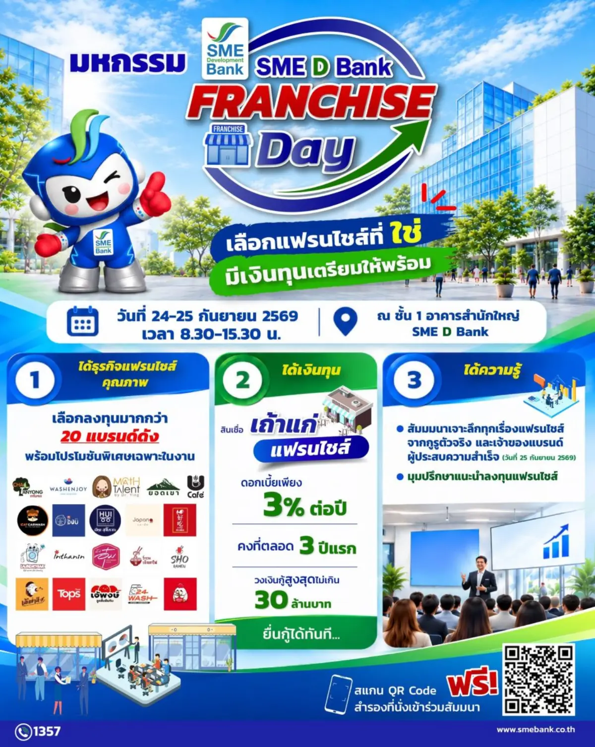 SME D Bank สร้างโอกาสครั้งสำคัญให้คนอยากเป็นเจ้าของธุรกิจ! จัดมหกรรม “FRANCHISE Day : เลือกแฟรนไชส์ที่ใช่ มีเงินทุนเตรียมให้พร้อม” วันที่ 24-25 ก.ย. 69 ณ อาคารสำนักงานใหญ่ SME D...