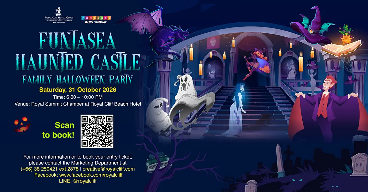 Get ready for a night of magic, mystery and Halloween fun as Funtasea Haunted Castle Family Halloween Party returns to Royal Cliff Hotels Group in Pattaya on 31 October 2026, from 6:00–10:00 PM...